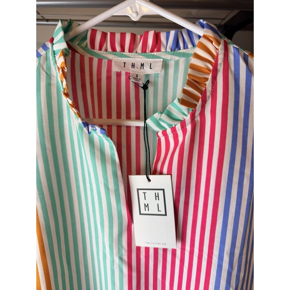 THML Women's Multicolor Striped V-Neck Puff Sleeve Ruffle Peplum Blouse S - Picture 2 of 5